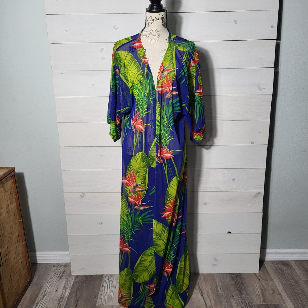 Fashion Queen Kimono Tropical Floral Beach Cover Up Vacation Resortwear.
